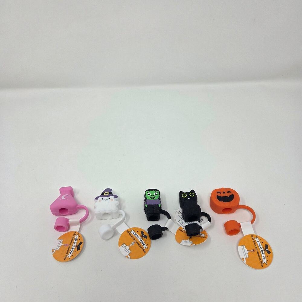 Halloween Straw Toppers (5) Potion Bottle, Ghost, Black Cat, Frankenstein, Pump